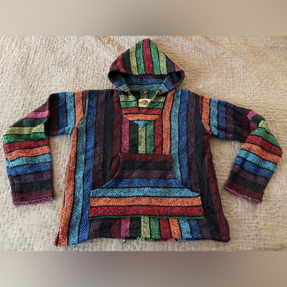 Earth Ragz Mexico Rainbow Striped Baja Hoodie Lightweight Sz Small Boho Drug Rug